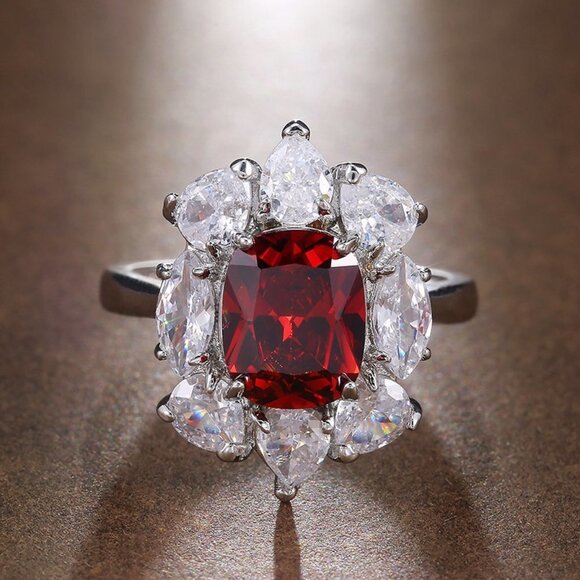 Jewelry | Noble Shiny Flower Ruby Oval Zircon Luxury Rings  😍LUXURY RUBY OLD MINE DIAMOND NOBLE SILVER SHINY FLOWER DAINTY RING, K920 main image 0